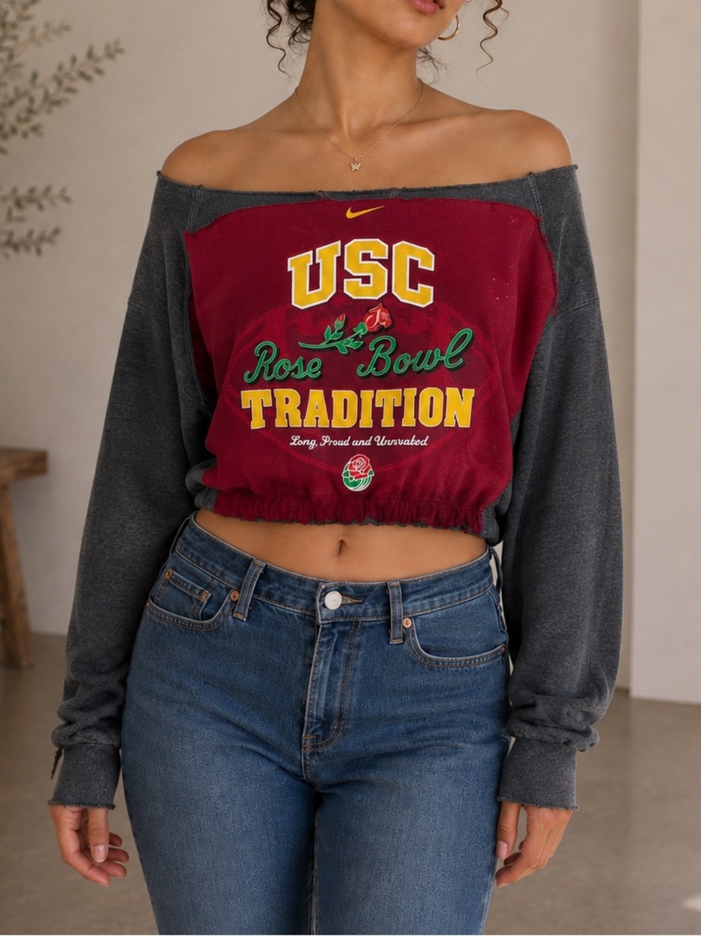 Nike USC Rose Bowl Off-the-Shoulder Cropped Sweatshirt - Burgundy/Charcoal